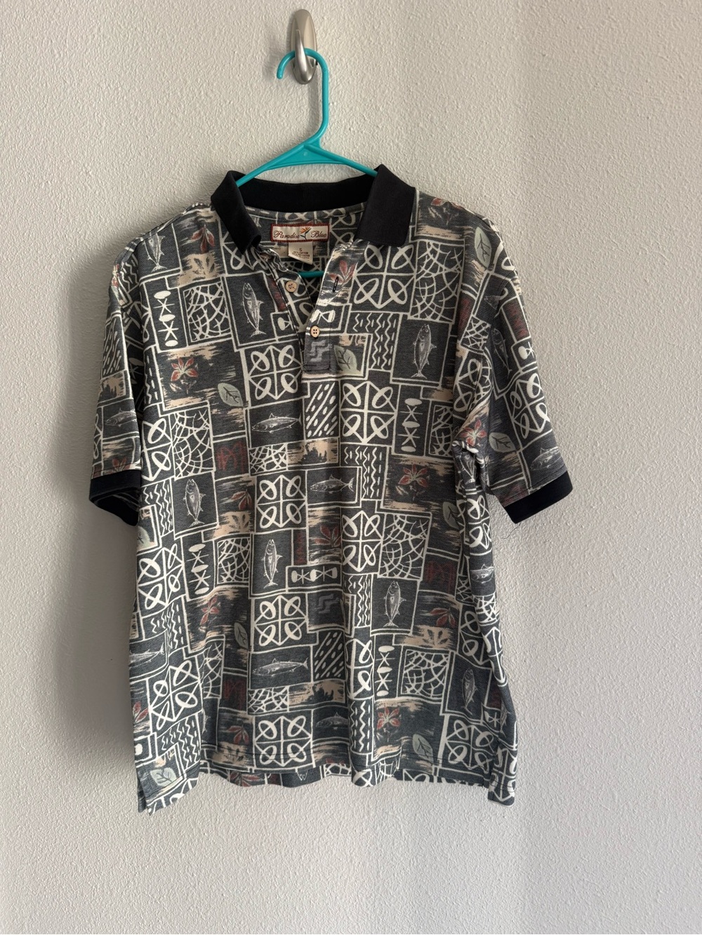 Vintage-Inspired Men's Geo Print Polo Shirt - Black/Grey